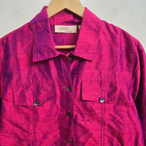 Anu Natural Womens Artsy Minimalist Chic Fushia Irridescent 100% Silk Jacket L - Picture 2 of 12